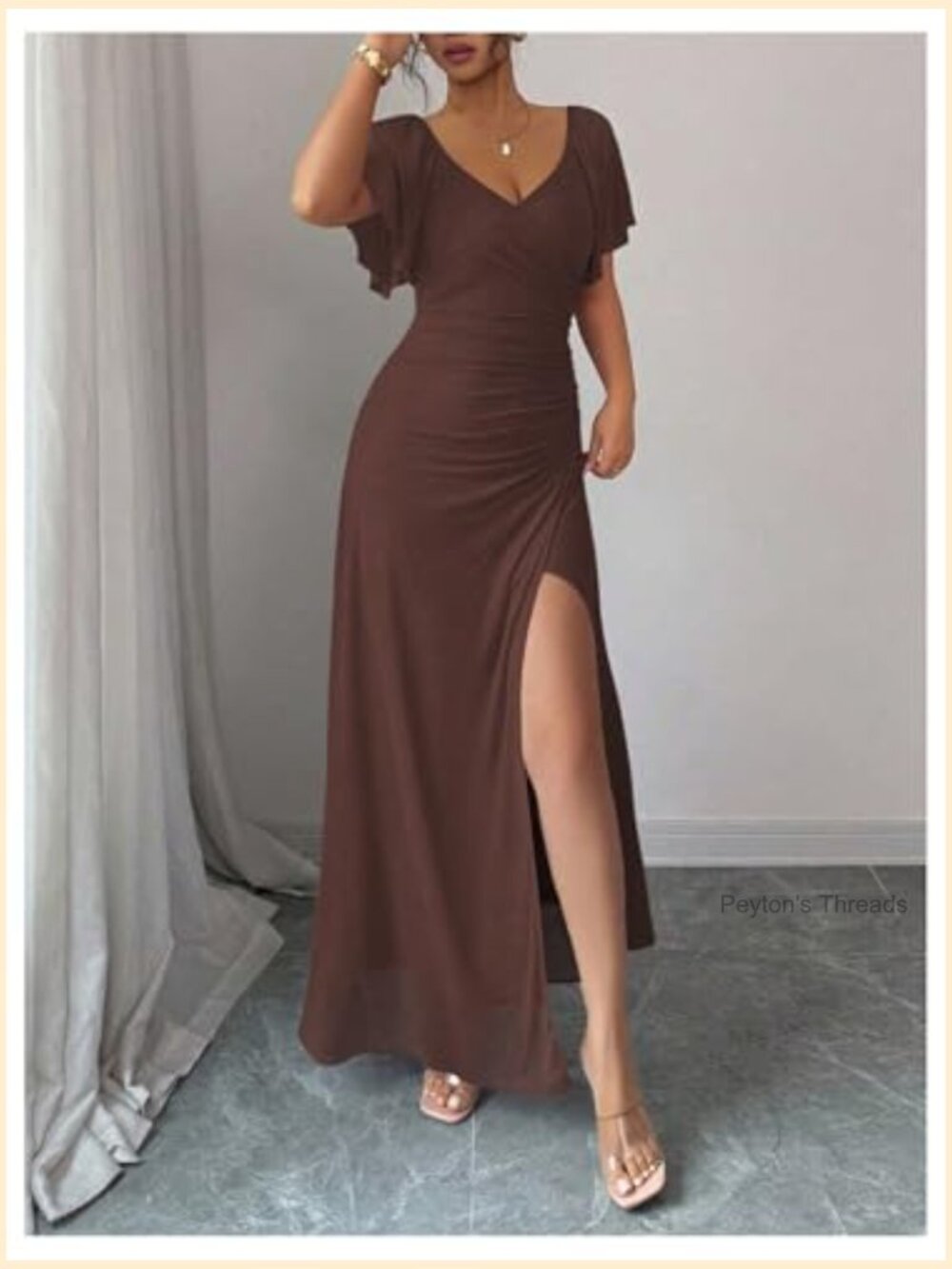 Women's Ruched Long Dress Split Thigh V Neck Short Sleeve Cocktail - Picture 3 of 5
